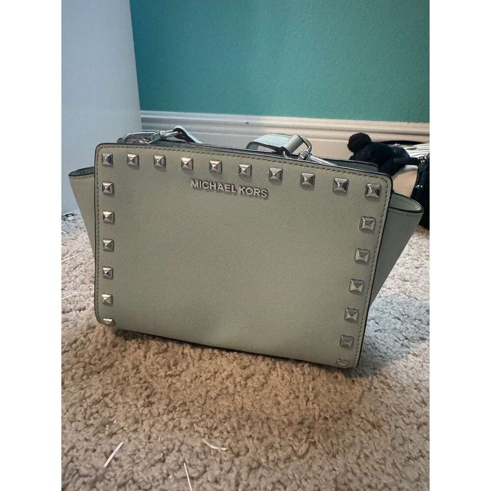 Michael Kors Selma Studded Saffiano Leather Messenger Celadon Handbag Bejeweled